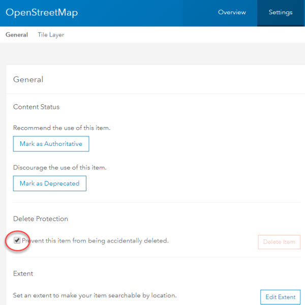 Settings tab with Delete Protection box checked Settings tab with Delete Protection box checked