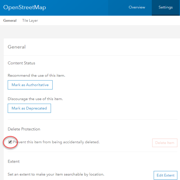 Settings tab with Delete Protection box checked Settings tab with Delete Protection box checked