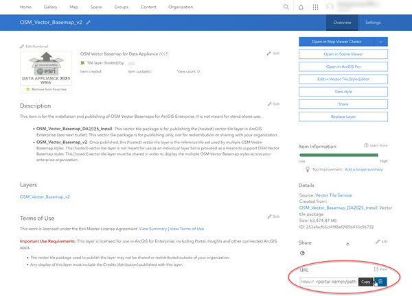 Esri Vector Basemap hosted tile layer with Copy button highlighted Esri Vector Basemap hosted tile layer with Copy button highlighted