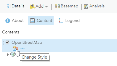 Change Style button on the OpenStreetMap vector basemap tile layer Change Style button on the OpenStreetMap vector basemap tile layer