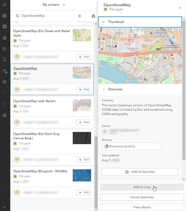 My Content with Add to map selected in Map Viewer My Content with Add to map selected in Map Viewer