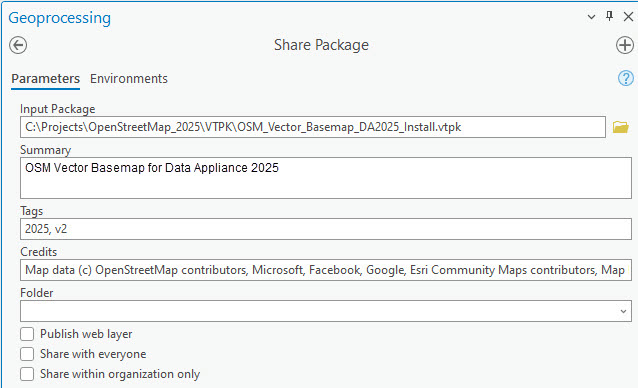 Share Package tool dialog box Share Package tool dialog box