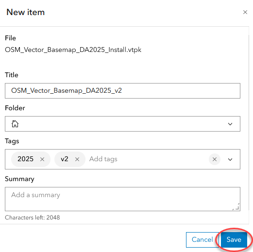 New item dialog box for .vtpk map item New item dialog box for .vtpk map item