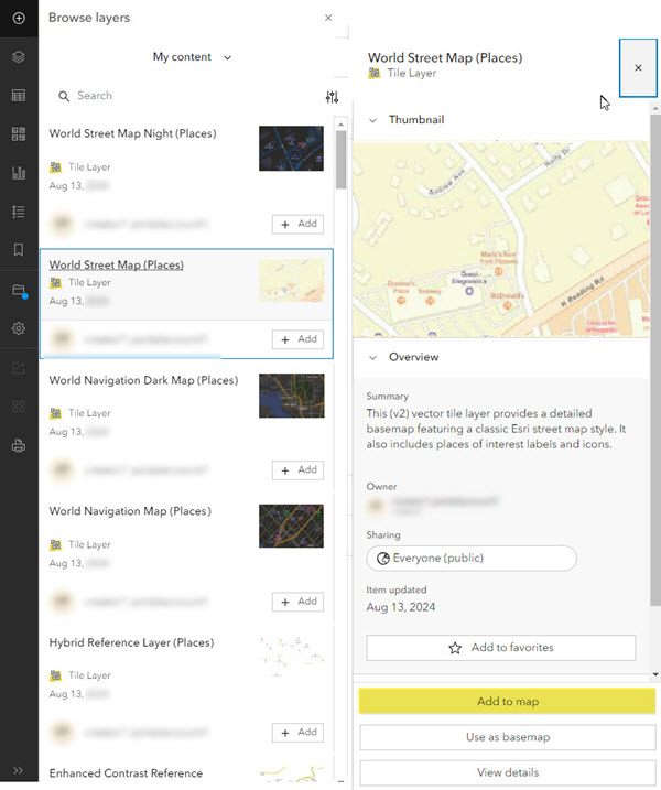 My Content with Add to map selected in Map Viewer My Content with Add to map selected in Map Viewer