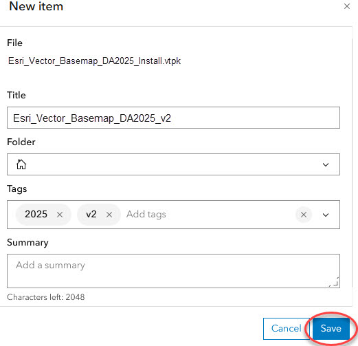 Publish dialog box for .vtpk map item Publish dialog box for .vtpk map item