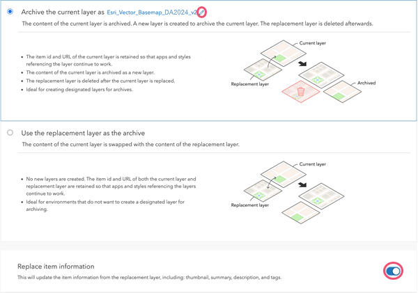 Archive layer with the edit tool and the Replace item information toggle button circled Archive layer with the edit tool and the Replace item information toggle button circled