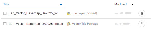 Item list showing Esri Vector Basemap hosted tile layer with correct title Item list showing Esri Vector Basemap hosted tile layer with correct title