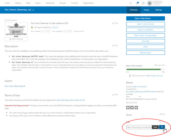 Esri Vector Basemap hosted tile layer with Copy button highlighted Esri Vector Basemap hosted tile layer with Copy button highlighted