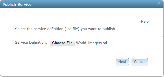 Select the service definition file with World_Imagery.sd file. Select the service definition file with World_Imagery.sd file.