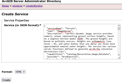 ArcGIS Server Administrator Directory Create Service page ArcGIS Server Administrator Directory Create Service page