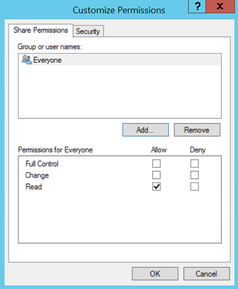 Customize Permissions dialog box with Add button selected Customize Permissions dialog box with Add button selected