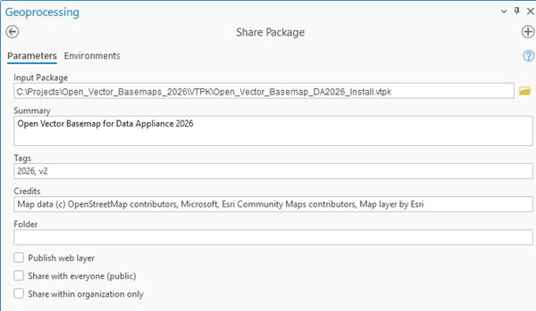 Share Package tool dialog box Share Package tool dialog box