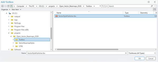 Add Toolbox pane with VectorStylePublisher.tbx selected on local computer Add Toolbox pane with VectorStylePublisher.tbx selected on local computer
