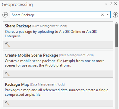 Geoprocessing pane with Share Package search results Geoprocessing pane with Share Package search results