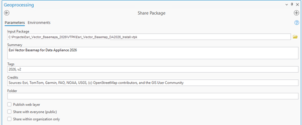 Share Package tool dialog box Share Package tool dialog box