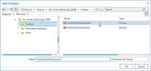 Add Toolbox pane with VectorStylePublisher.tbx selected on local computer Add Toolbox pane with VectorStylePublisher.tbx selected on local computer