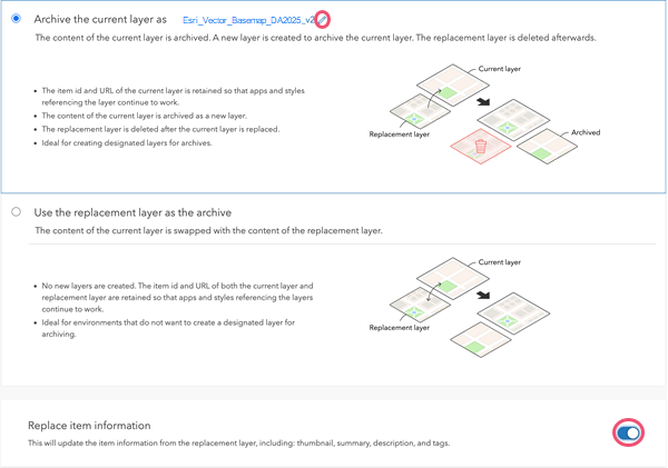 Archive layer with the edit tool and the Replace item information toggle button circled Archive layer with the edit tool and the Replace item information toggle button circled