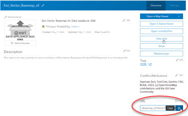 Esri Vector Basemap hosted tile layer with Copy button highlighted Esri Vector Basemap hosted tile layer with Copy button highlighted