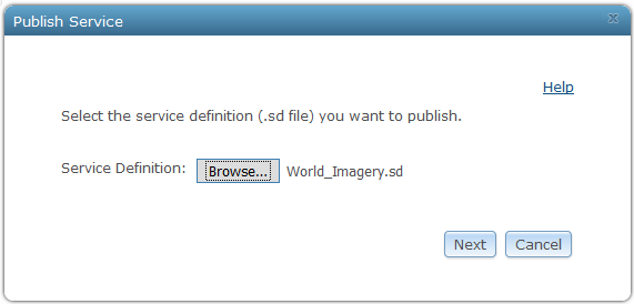 Select the service definition file with path to World_Imagery.sd file