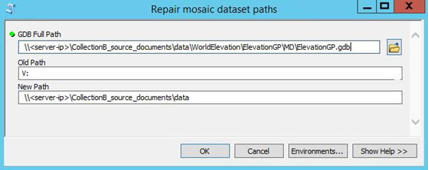 Repair mosaic dataset paths window showing GDB Full Path, Old Path, and New Path