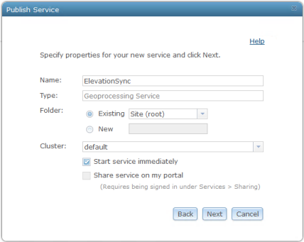 Publish Service window for ElevationSync service