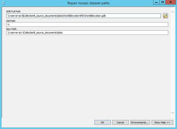 Repair Mosaic Dataset window showing GDB Full Path, Old Path, and New Path