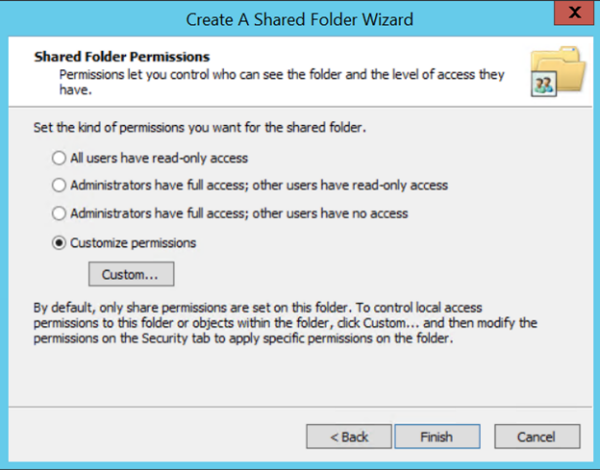 Shared Folder Permissions dialog box with Customize permissions selected