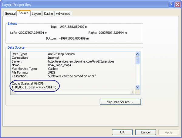 Layer Properties Source tab showing cache scales for the USA Topographic Map service