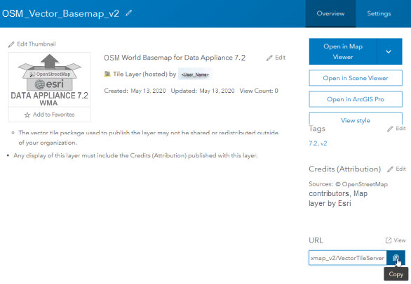Esri Vector Basemap hosted tile layer with Copy button highlighted