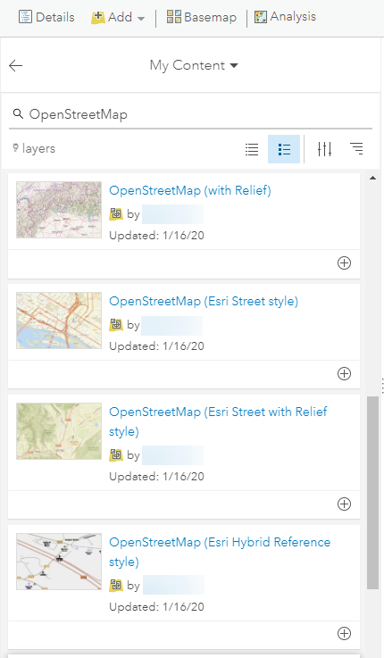 OpenStreetMap dialog box showing vector tile layer results from My Content