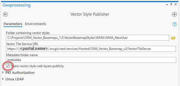 Vector Style Publisher dialog box with Share vector style web layers publicly box checked
