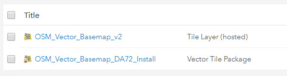 Item list showing OSM Vector Basemap hosted tile layer