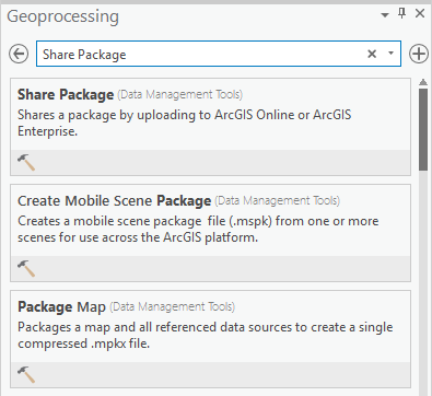 Geoprocessing pane with Share Package search results