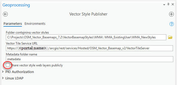 Vector Style Publisher dialog box with Share vector style web layers publicly box checked