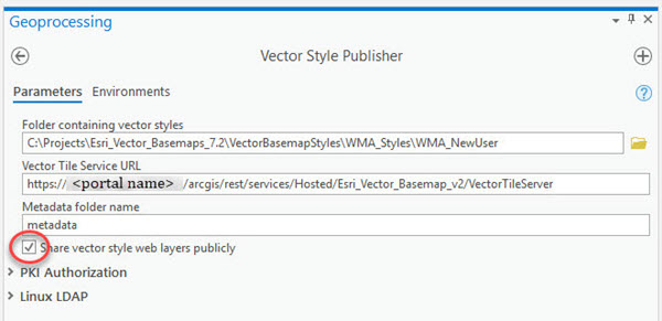 Vector Style Publisher dialog box with Share vector style web layers publicly box checked