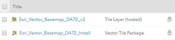 Item list showing Esri Vector Basemap hosted tile layer
