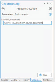 Prepare Elevation tool dialog box with the source_documents parameter