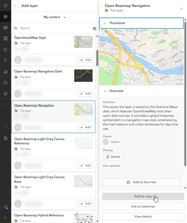 My Content with Add to map selected in Map Viewer