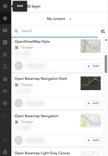 Open Vector Basemap dialog box showing vector tile layer results from My Content in Map Viewer
