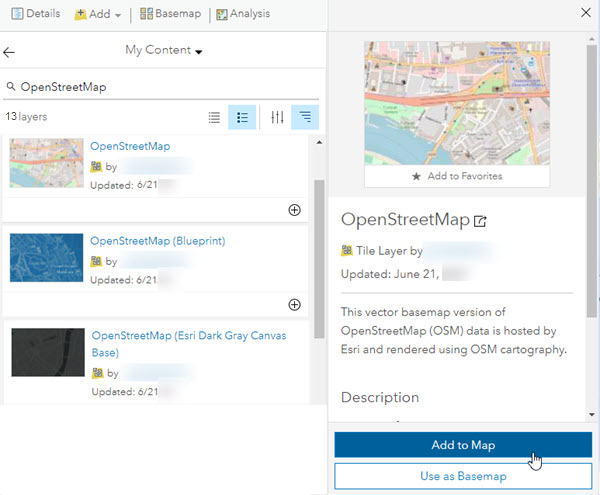My Content with Add to Map selected in Map Viewer Classic