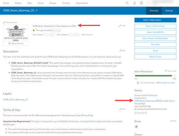Item page for OSM_Vector_Basemap_v2 vector tile service with title and Created from updated