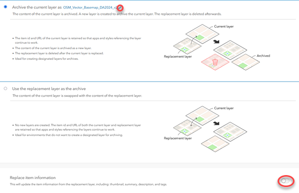 Archive layer with the edit tool and the Replace item information toggle button