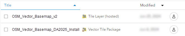 Item list showing OSM Vector Basemap v2 hosted tile layer with correct title