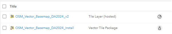 Item list showing OSM Vector Basemap hosted tile layer