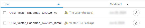 Item list showing OSM Vector Basemap v2 hosted tile layer with correct title