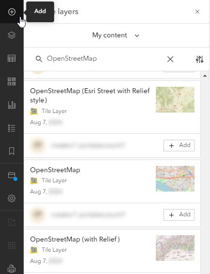 OpenStreetMap dialog box showing vector tile layer results from My Content in Map Viewer