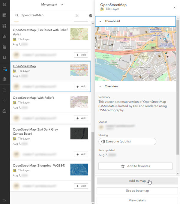 My Content with Add to map selected in Map Viewer