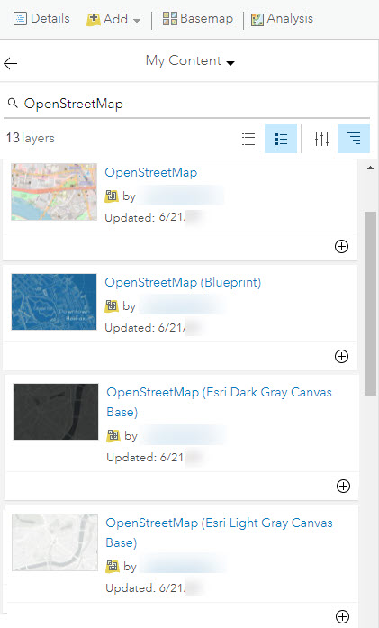 OpenStreetMap dialog box showing vector tile layer results from My Content in Map Viewer Classic