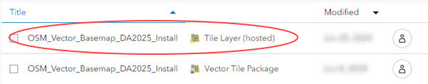 Item list showing OSM Vector Basemap hosted tile layer with incorrect title