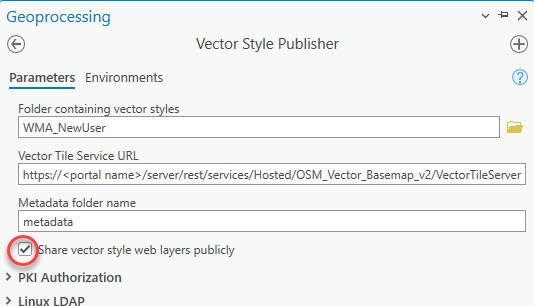 Vector Style Publisher dialog box with Share vector style web layers publicly box checked